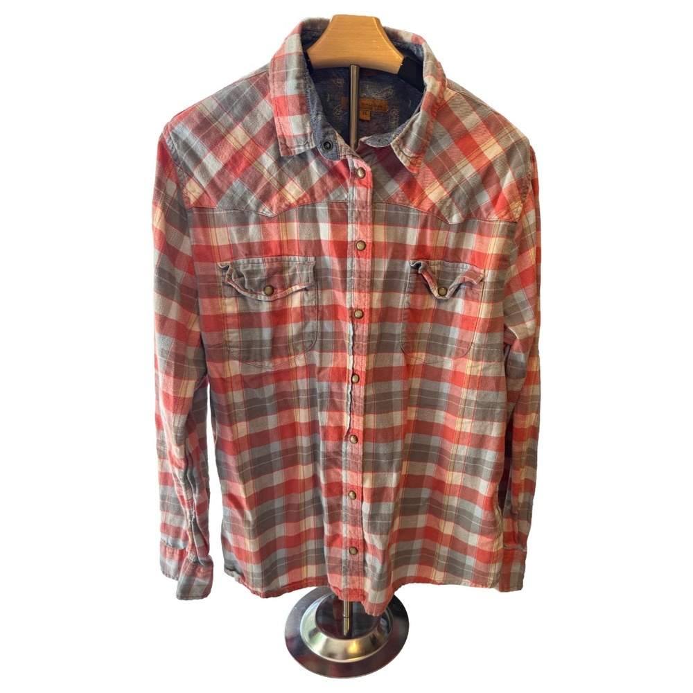 Jach's Girlfriend Red Grey Plaid Western Flannel Snap Button Shirt Womens‎ XL